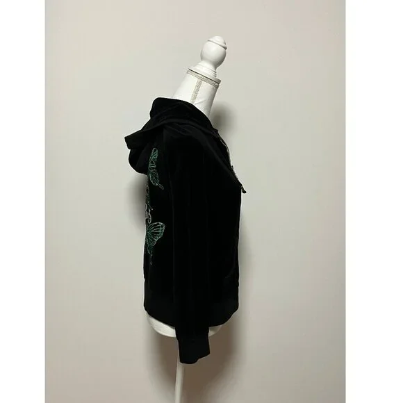 BCBG Maxazria Black Velour Hoodie With Green Butterflies, Size Large, Full Zip - Picture 5 of 13